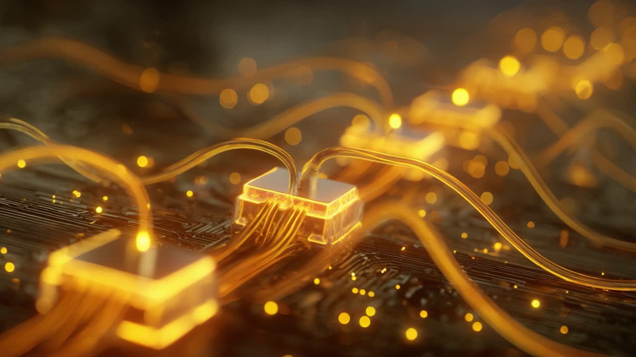 Golden light particles streaming across a futuristic circuit board and microchips, visualizing high speed data transfer, processing power, and intelligent network communication systems