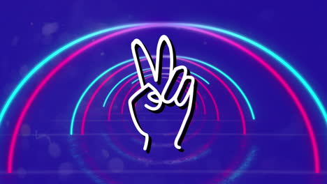 animation of vector peace hand moving between illuminated colorful arch