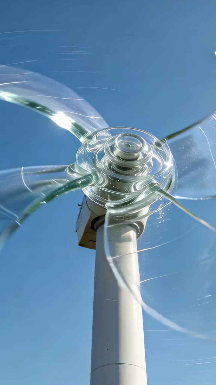 Video vertical: Motor haciendo girar una hélice transparente de 5 aspas sobre una lente en un poste blanco, captando la luz del sol.