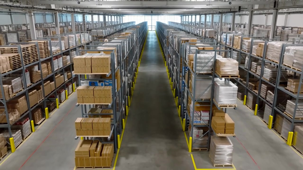Vista aerea di un corridoio di magazzino che mostra lunghe file di scaffalature metalliche e pile di pallet, pavimento in cemento, lucernario