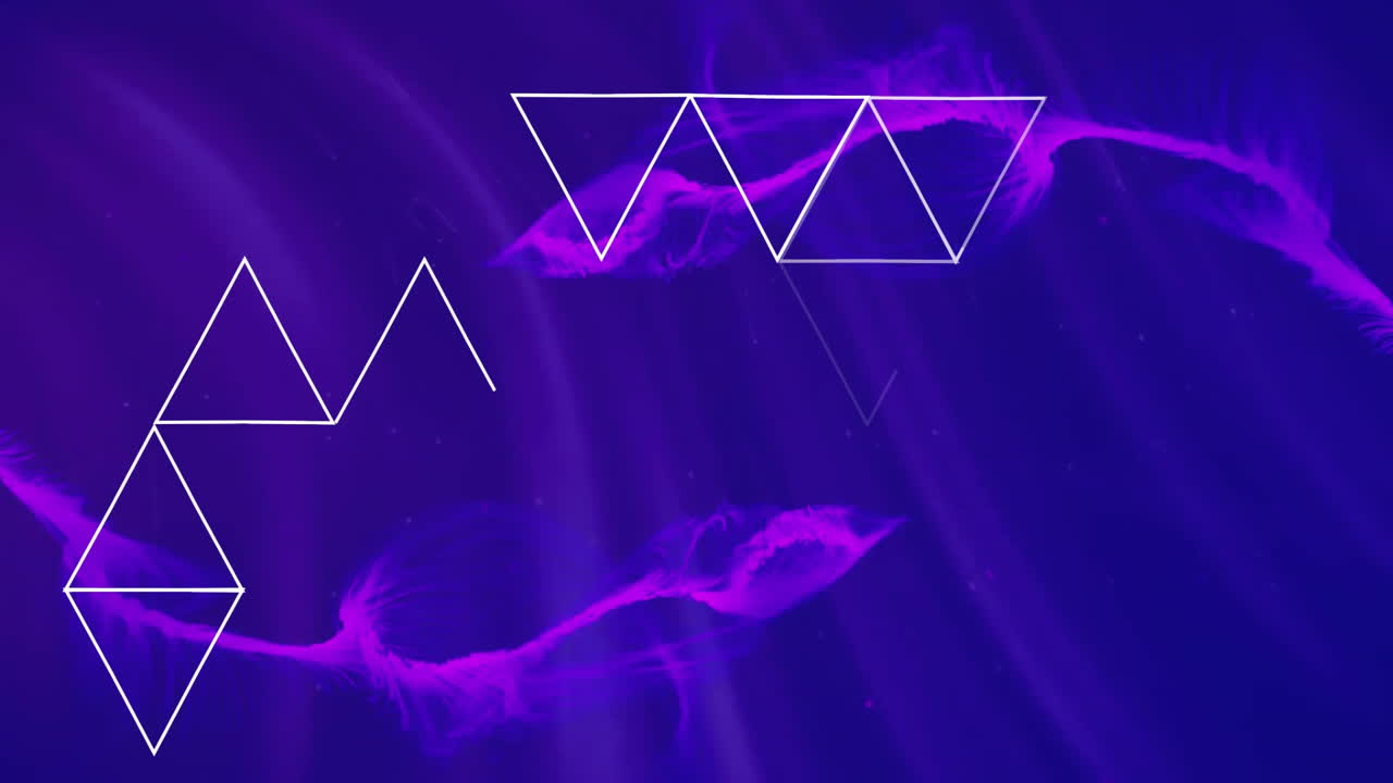 Animation of white triangles over purple shapes on blue background