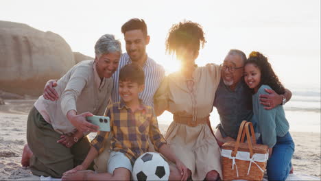 selfie, happy family and beach with love