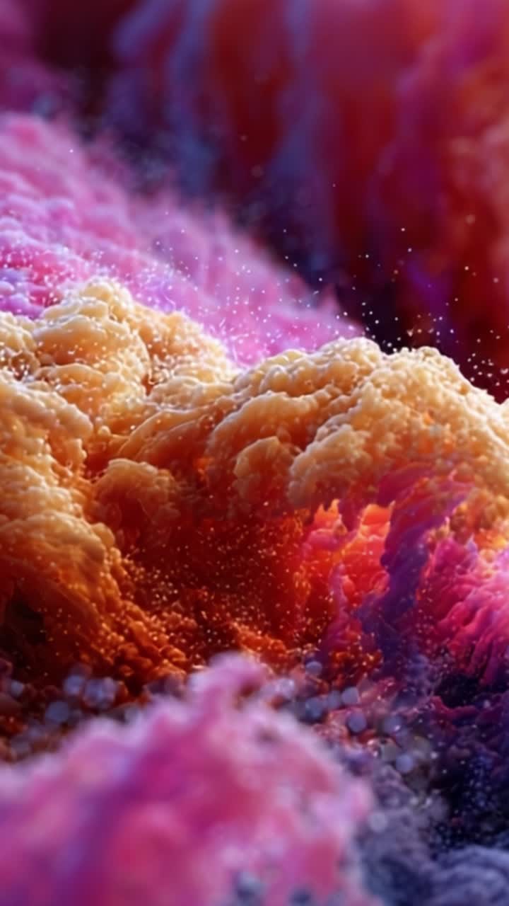 Un'esplorazione vivida di texture colorate e dinamiche dei fluidi catturate in motivi ipnotizzanti di onde rosa, viola e arancioni con bolle scintillanti.