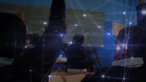 animation of networks of connections over diverse schoolchildren raising hands