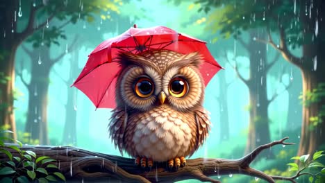 a charming owl with big expressive eyes sits under a red umbrella amidst a vibrant rain-soaked forest, showcasing beauty and whimsy in nature's serene ambiance.