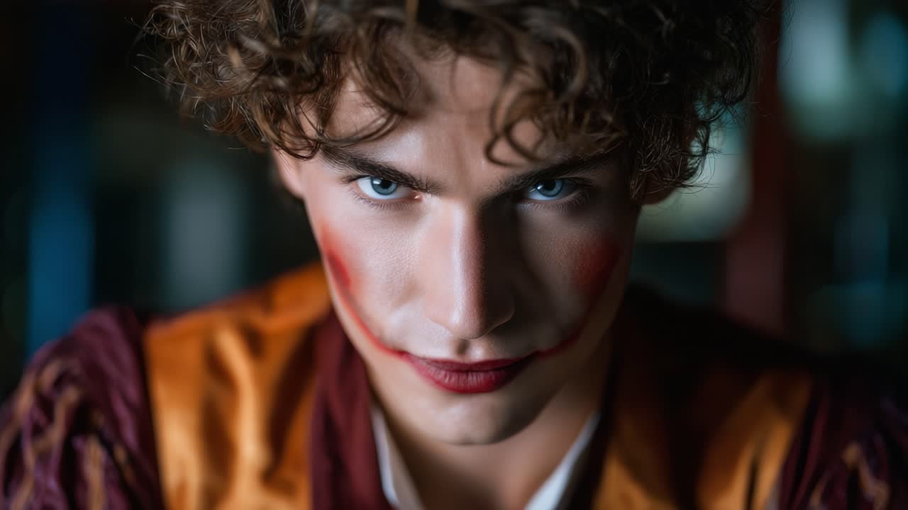 Et fængslende portræt af en karismatisk karakter med slående makeup og et intenst blik, der udtrykker en teaterpersona, som trækker beskueren ind i hans verden.