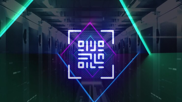Animation of qr code, neon lines, data processing over servers