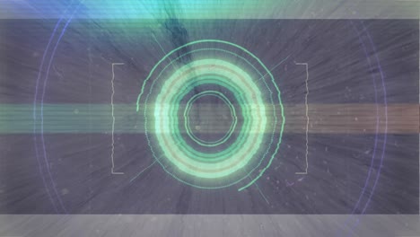 digital animation of light trails and glitch effect against round neon scanner on grey background