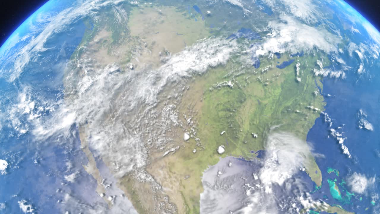 Stunning CGI render of the USA and North American continent from space in low Earth orbit, with a smooth descending camera move