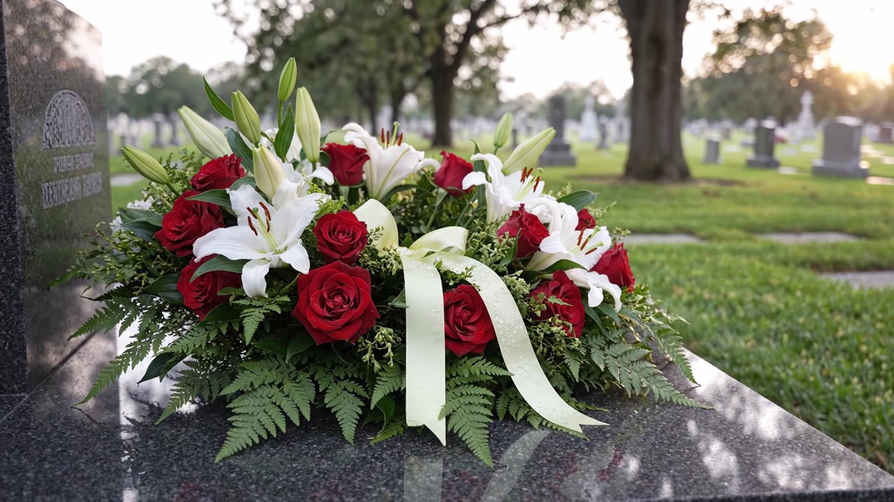 Una Bella Composizione di Rose Rosse e Gigli Bianchi che Adorna una Tomba, Circondata da un Cimitero Pacifico al Tramonto.