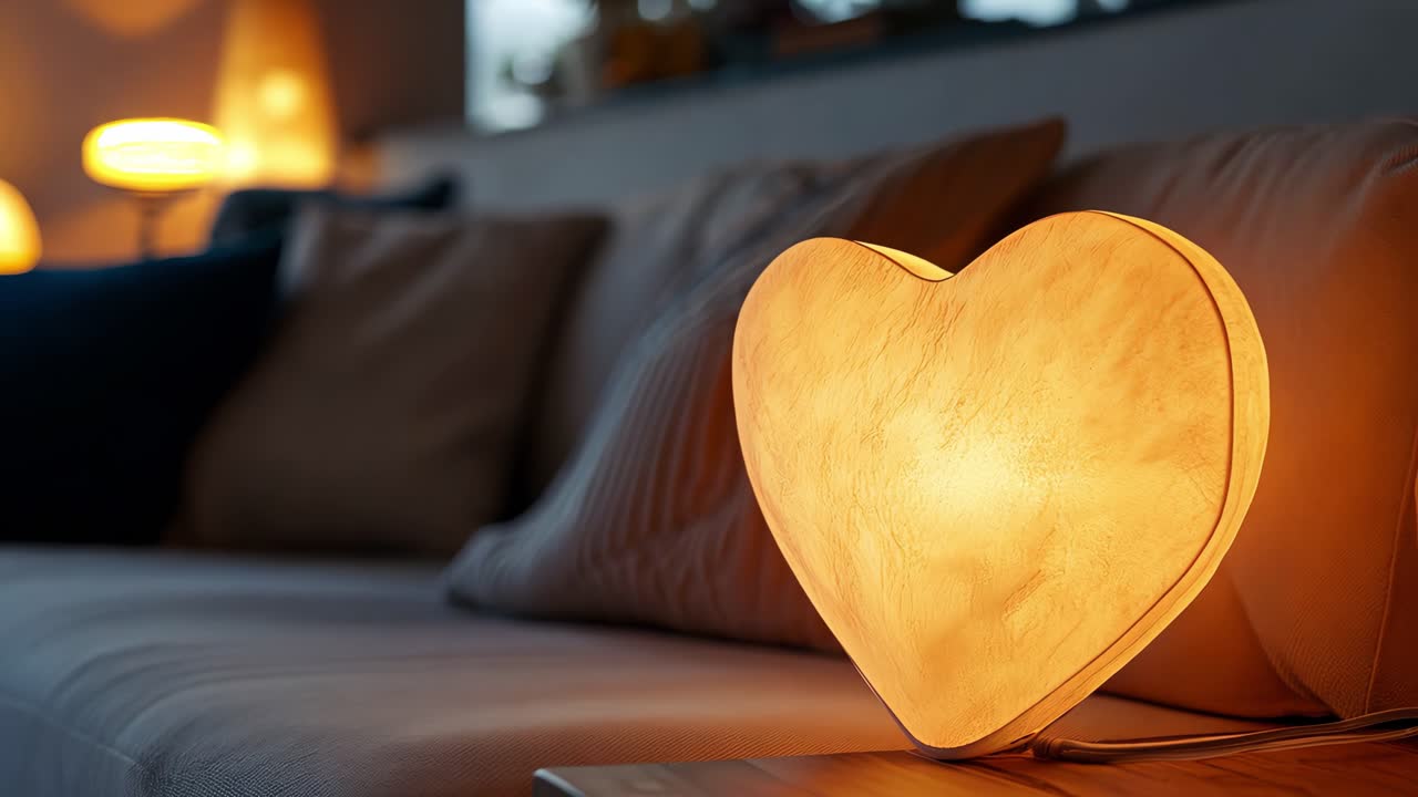 Warm golden light glowing from heart shaped lamp nestled on small side table, bathing cozy living room interior with soft romantic radiance and gentle emotional ambiance