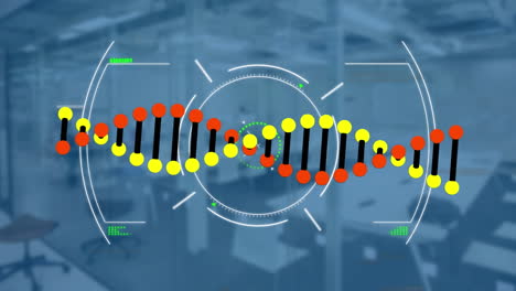 스 ⁇  스캐닝의 애니메이션과 빈 사무실 위에서 회전하는 dna  ⁇