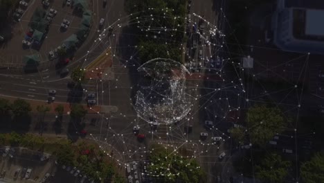 animación de la red global de conexiones que giran sobre la vista aérea de la ciudad
