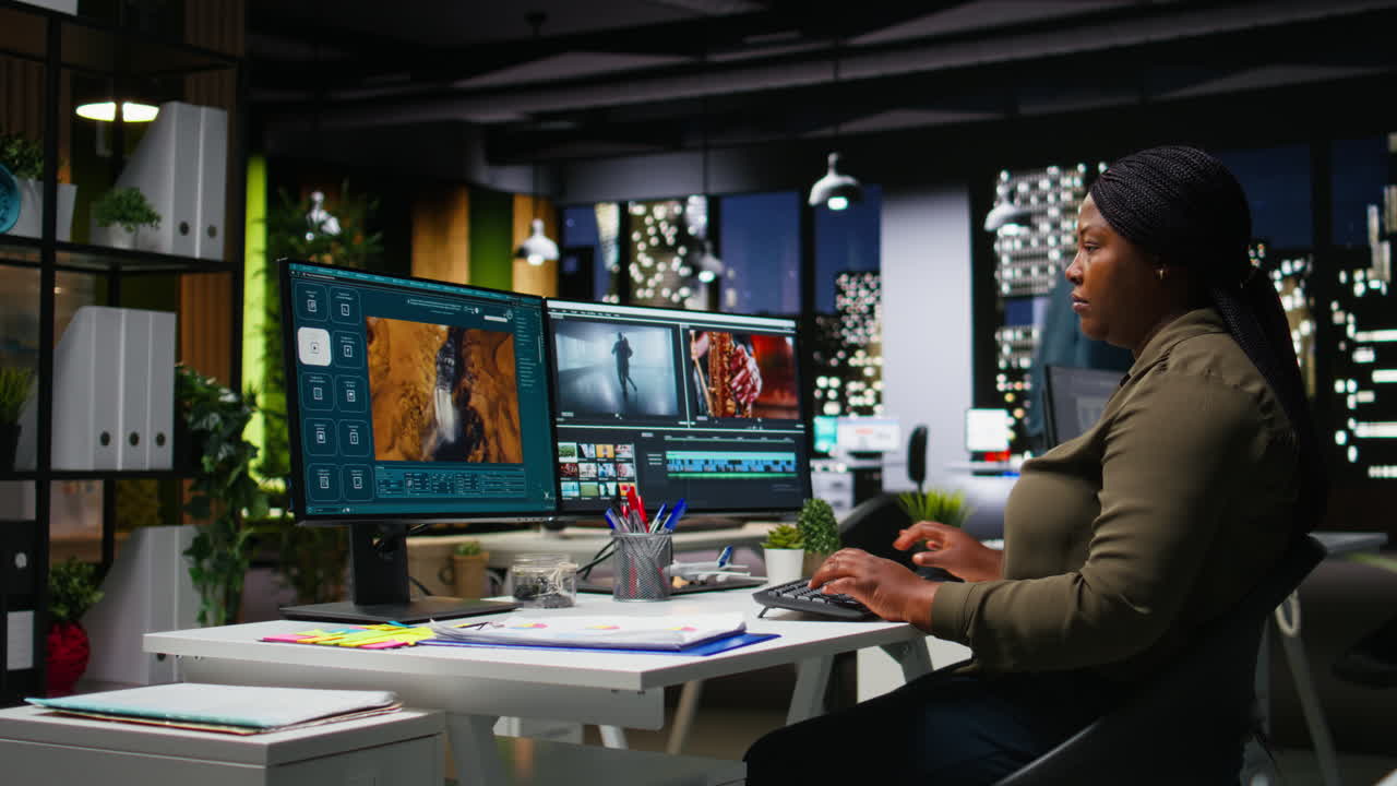 Black video creator working on editing a movie montage task
