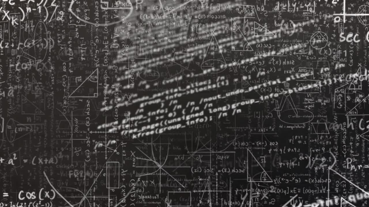 Digital animation of data processing against mathematical equations on black background