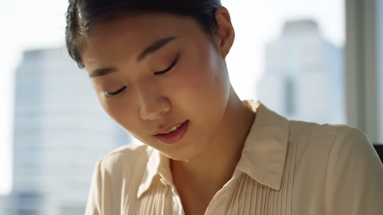 A focused professional woman engaged in her work, showcasing concentration and modern office environment in a backdrop of city skyline and natural daylight