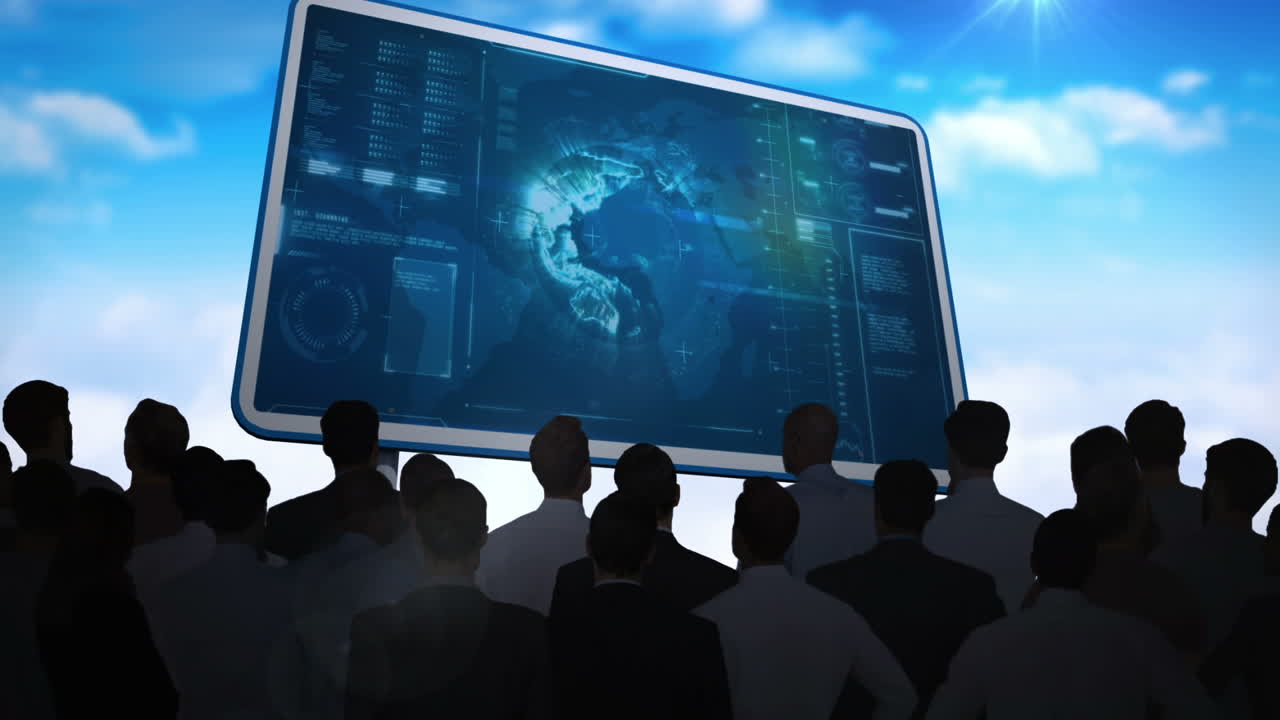 사업가 들 이 광고판 에 있는 데이터 인터페이스 를 보고 있다