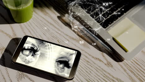 animation of a smartphone showing eyes of a woman with a web of connections