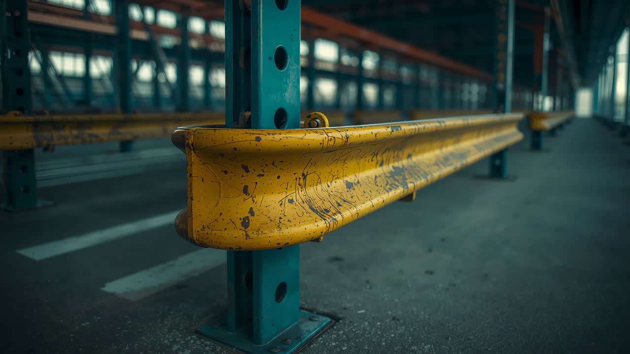 Tracking yellow metal guard rail showing wear in warehouse with teal posts and shelving racks