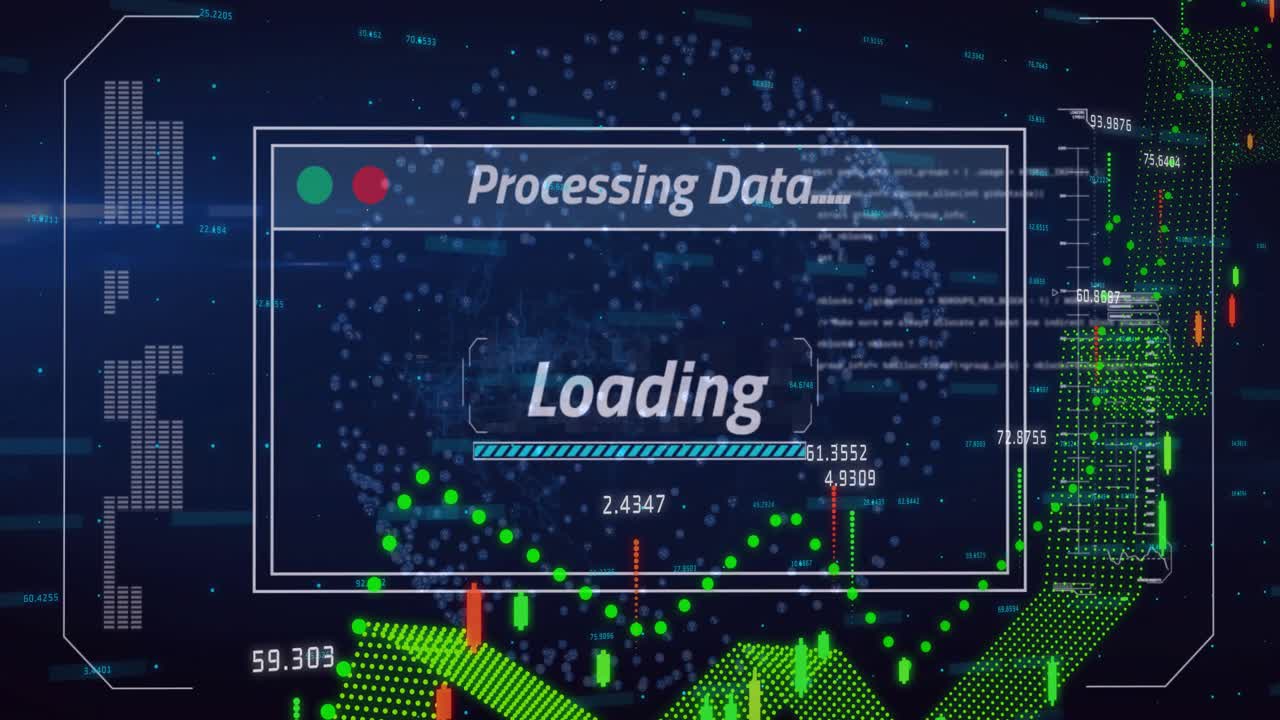 Interface appearing on globe showing bar filling graph emerging to show processing data
