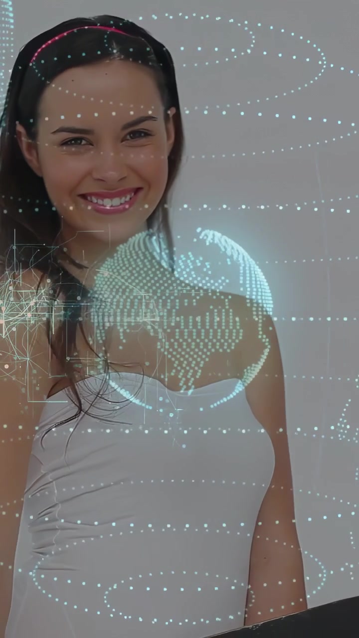 Vídeo vertical: Mulher se movendo enquanto a câmera enquadra e sorrindo, enquanto um globo holográfico orbita o peito mostrando tecnologia.
