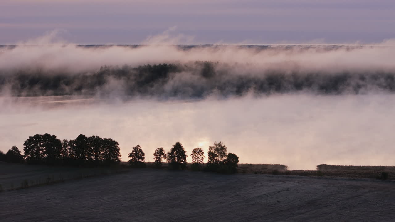 el amanecer brumoso sobre un lago