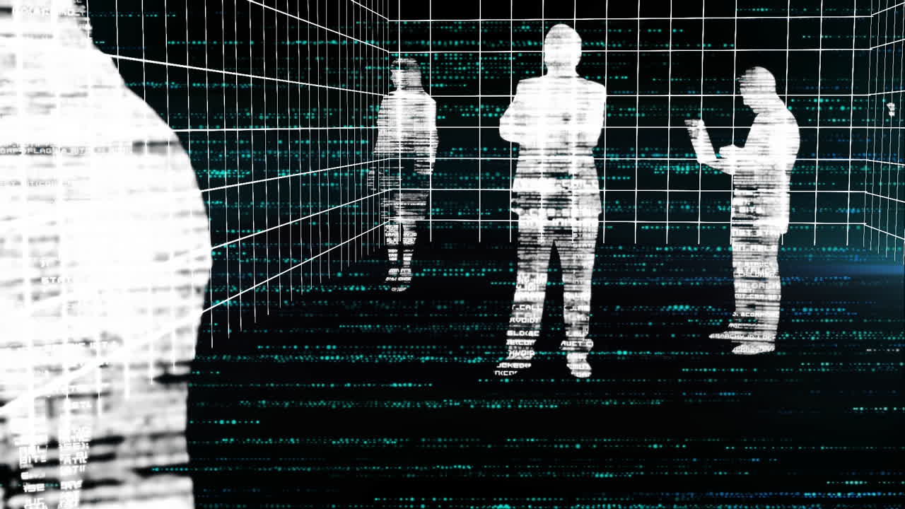Animation of scope scanning and data processing over grid and human figures