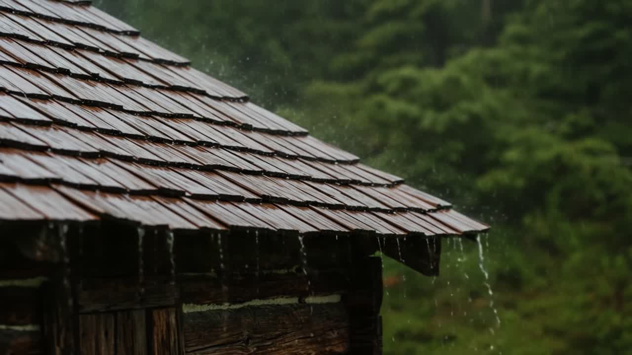 Rain dripping from a wooden house roof