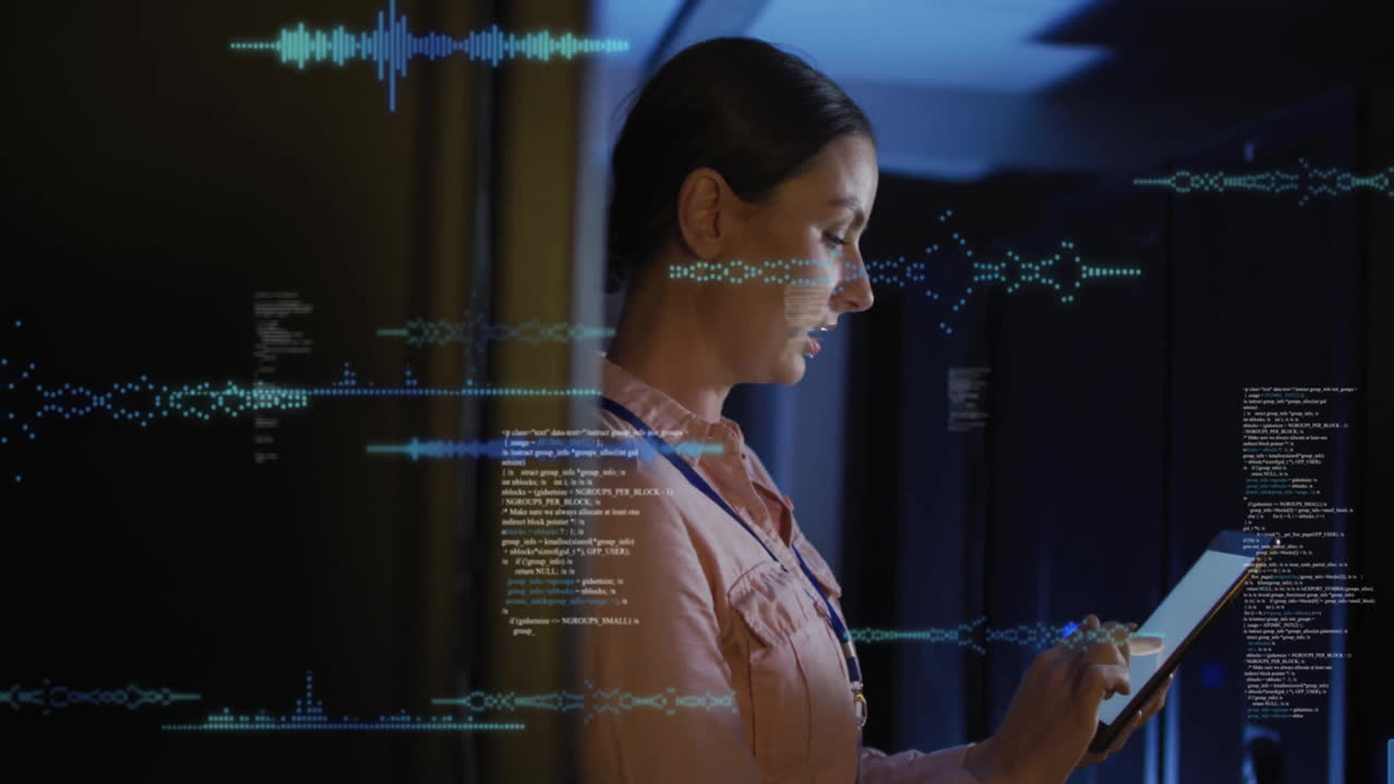 Using tablet with digital animation, woman in server room analyzing data