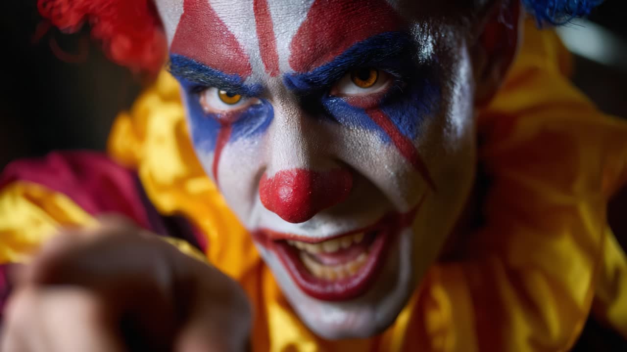 A menacing clown points aggressively, showcasing vivid makeup and colorful costume in a dark, dramatic setting that evokes a sense of fear and intrigue