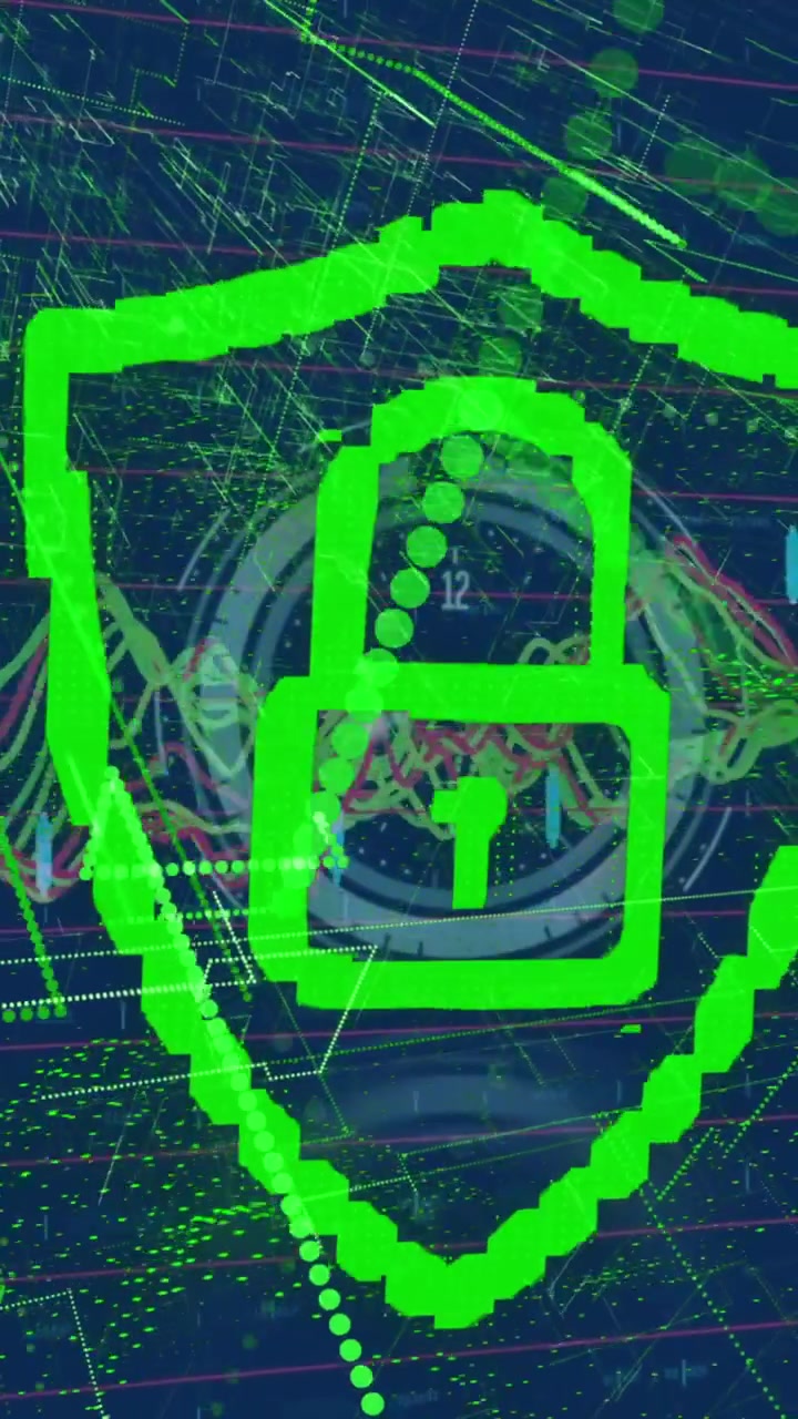 Animation af ur og sikkerhedshængelås over digital grænseflade