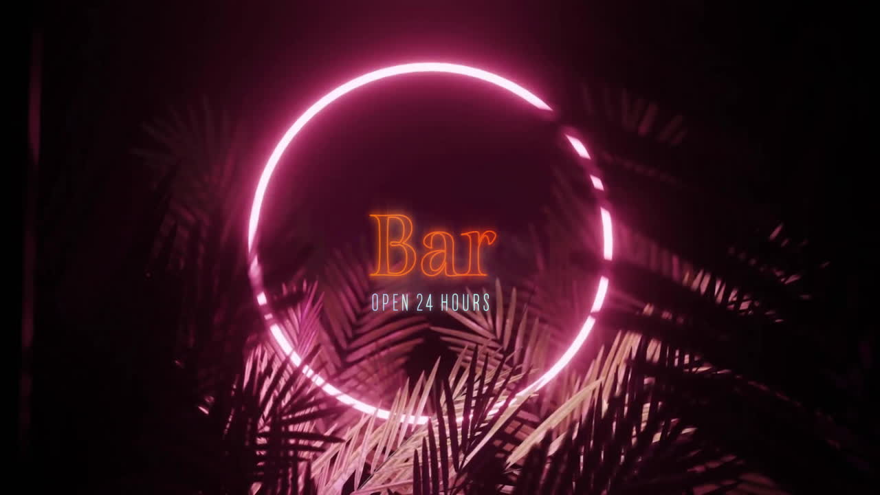 Animation of bar open 24 hours text over neon frame and tropical leaves on black background
