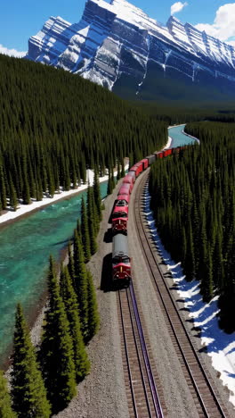 red train through canadian rockies