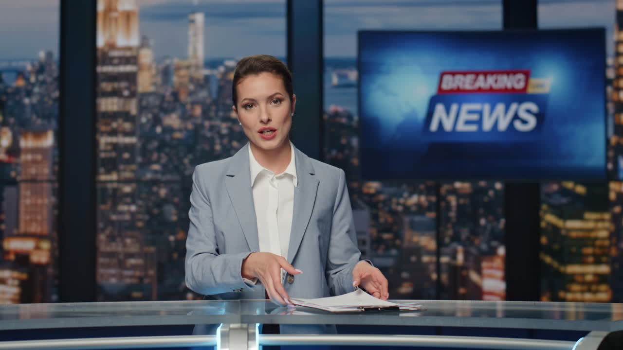 Affascinante giornalista che riporta gli eventi, primo piano. La conduttrice del telegiornale conclude le notizie in diretta.