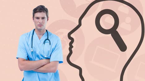 animación de un médico masculino caucásico y una cabeza con icono de lupa sobre iconos