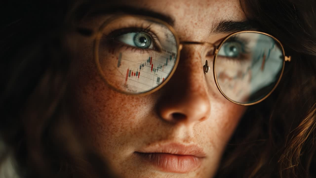 A Deep Focus on Financial Insights: An Introspective Gaze Driven by Market Data Reflected in Glasses, Showcasing the Intersection of Emotions and Analysis