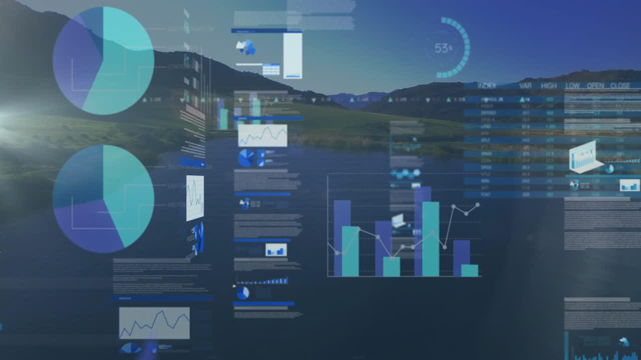 Data visualization UI panels floating over lakeside mountain scene with charts and graphs