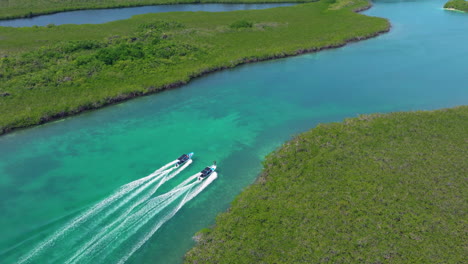 boat ride in morrocoy national park in venezuela - aerial drone shot