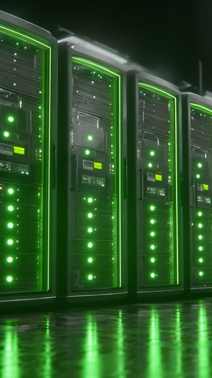 Højteknologisk datalagring: Et nærbillede af moderne serverracks med levende grønne LED-lys, der oplyser deres elegante design og reflekterende overflader i et mørkt miljø