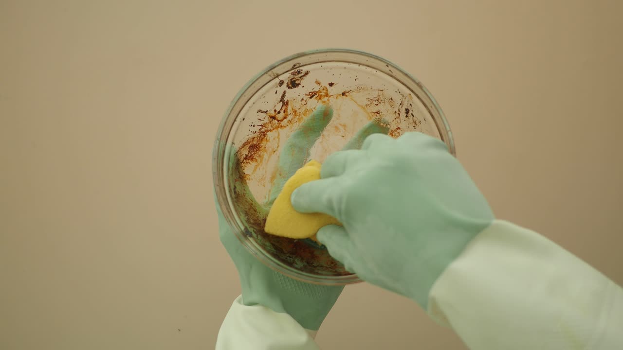 Cleaning a dirty dish with a sponge and gloves