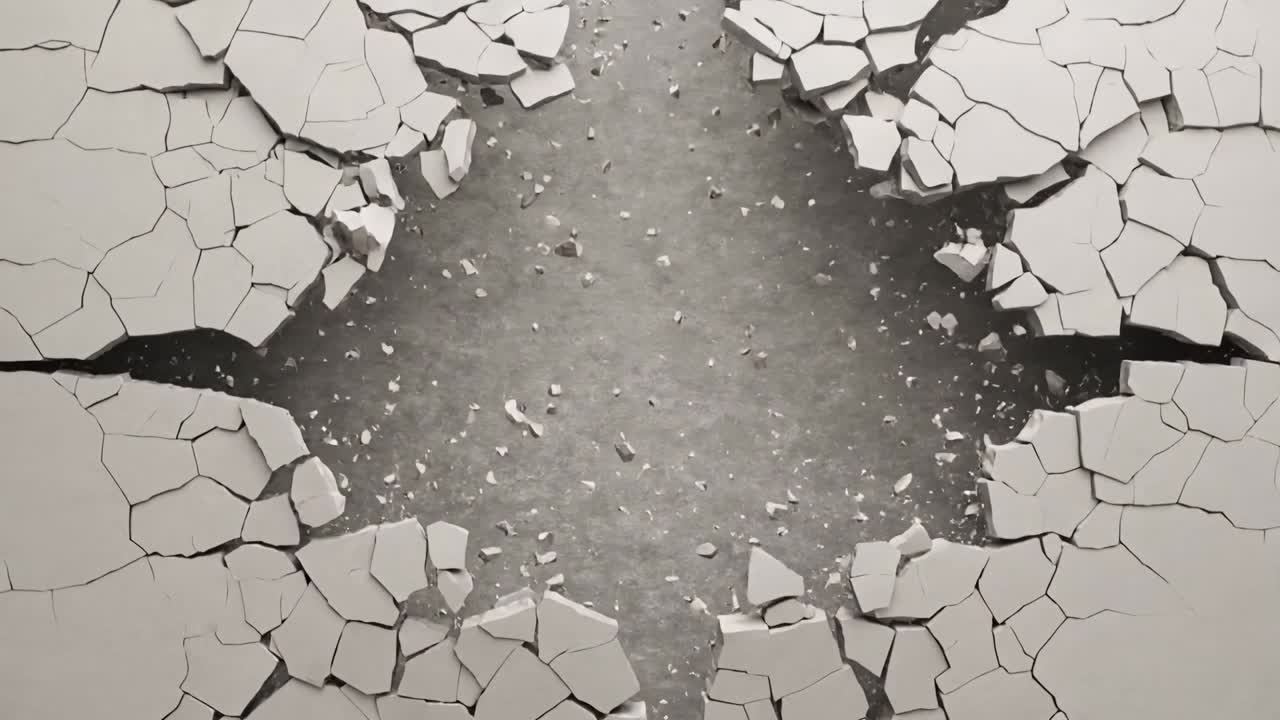 Impacting drywall panel forming radial cracks, releasing debris and exposing darker backing