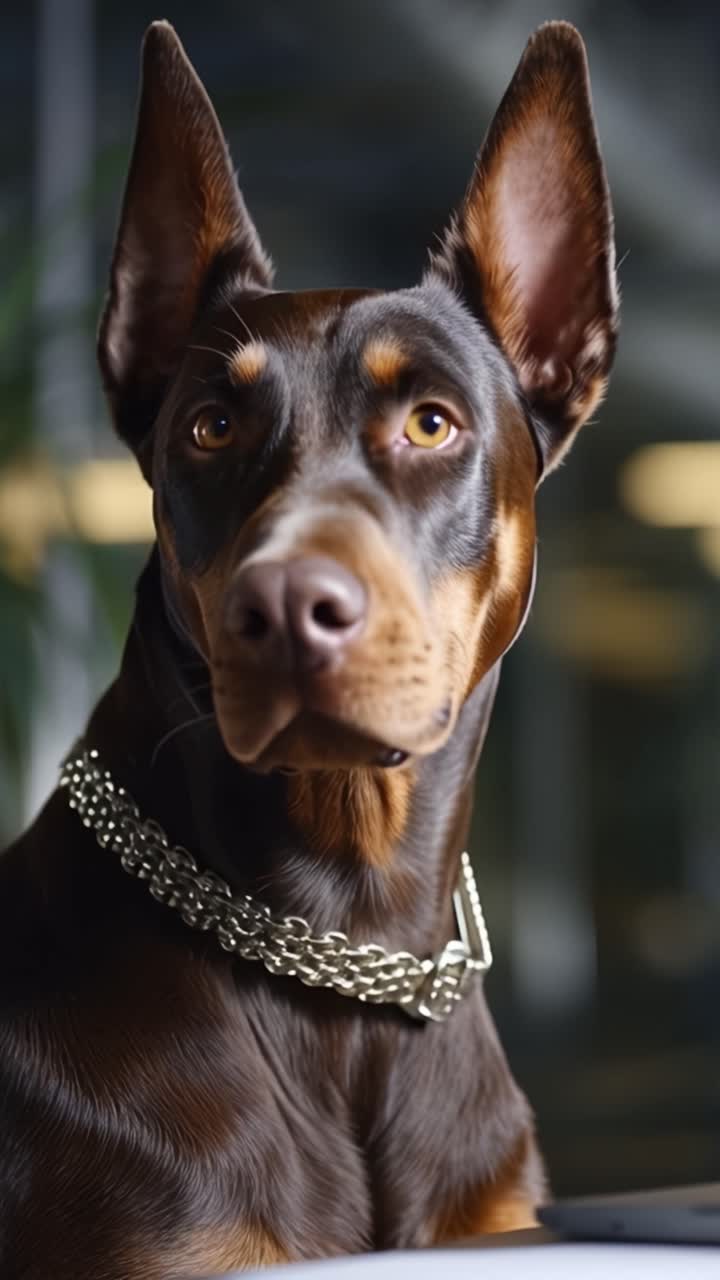 Un majestuoso retrato de Dóberman capturado en un momento de calma, mostrando sus únicos colores leonado y tostado, ojos intensos y un elegante collar de cadena plateada.