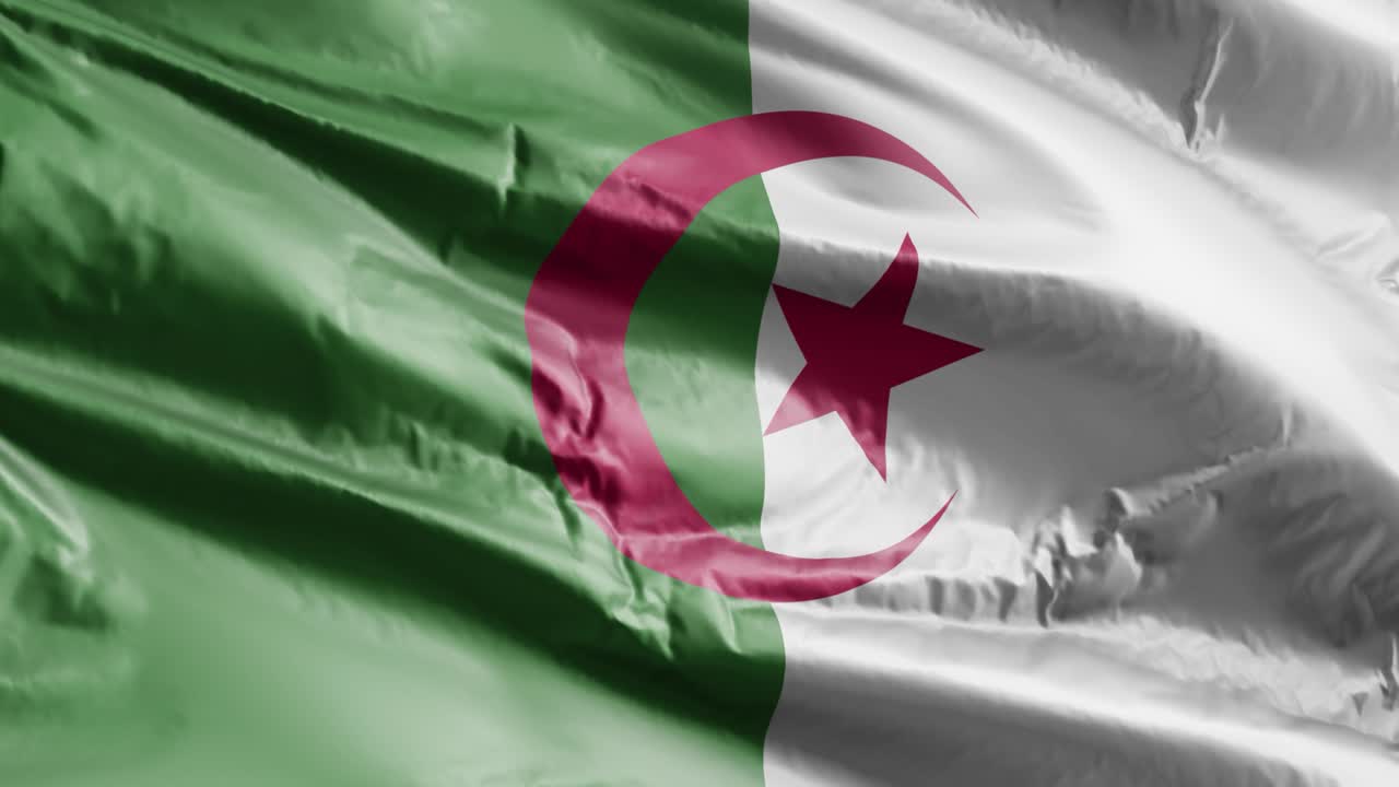 Bandiera dell'Algeria che sventola al vento in loop. Stendardo algerino che ondeggia nella brezza. Sfondo a schermo intero. Loop di 10 secondi