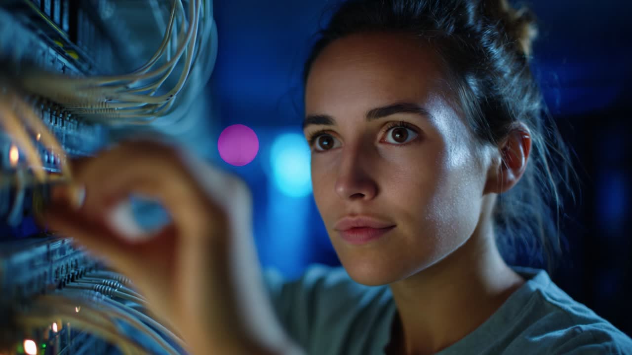 Focused Technician Engaged in Network Setup, Carefully Connecting Wires to Guarantee Seamless Data Transmission and Optimal Performance in High-Tech Server Room Environment
