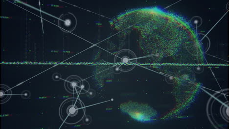 Animación-De-Puntos-Conectados-Con-Números-Que-Se-Mueven-Sobre-El-Globo-Sobre-Fondo-Negro