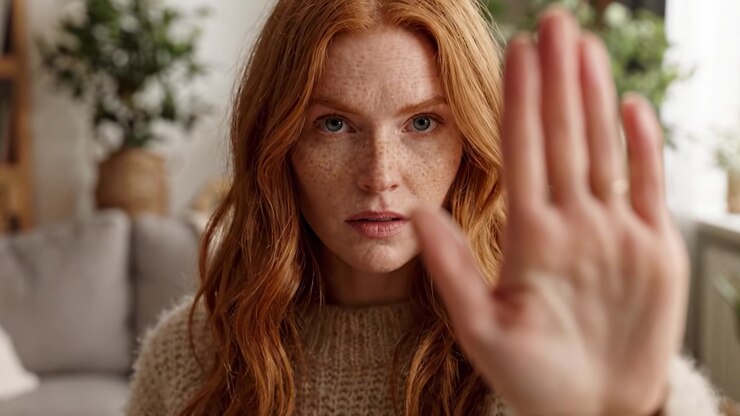 A Focused Woman with Freckles and Red Hair Extends Her Hand in a Gesture of Pause or Instruction in a Cozy Indoor Setting Surrounded by Greenery