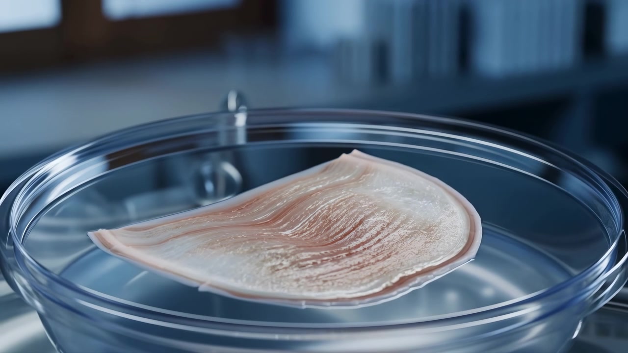 Un filetto di pesce crudo riposa in una capsula di Petri trasparente sotto una fredda illuminazione blu da laboratorio, con uno sfondo leggermente sfocato, suggerendo test o ispezioni alimentari.