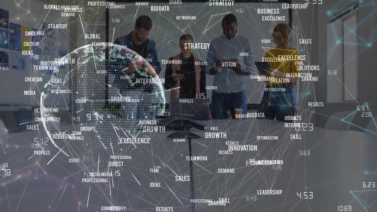Animazione di una rete di connessioni su persone in affari in ufficio