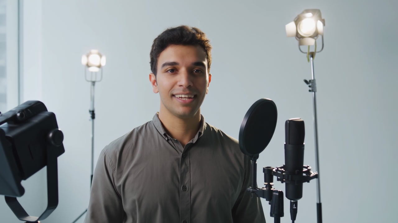 Man Recording In Studio With Microphone And Professional Lighting, Gesturing While Speaking Into Pop Filter