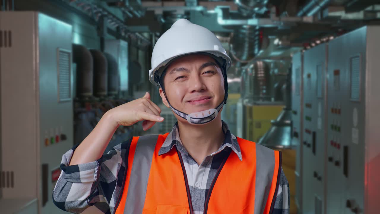 Close Up Of Asian Male Engineer With Safety Helmet Smiling To Camera And Making Call Me Gesture While Standing In Engine Control Room, Work Of Electrical Generators